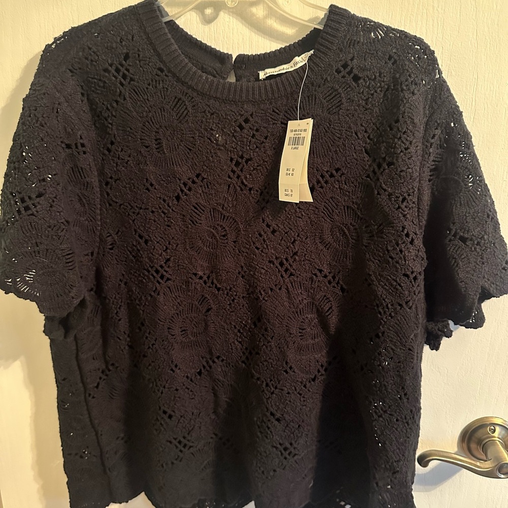Abercrombie & Fitch Black Boxy Short Sleeve Lacey Blouse